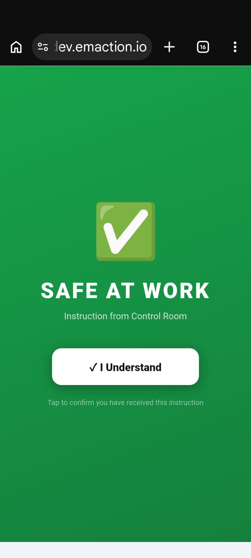 Safe at Work broadcast card on a phone screen