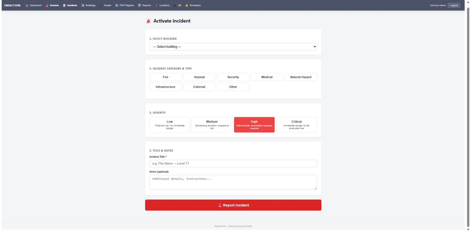 EMAction incident activation form with category, type and severity pickers