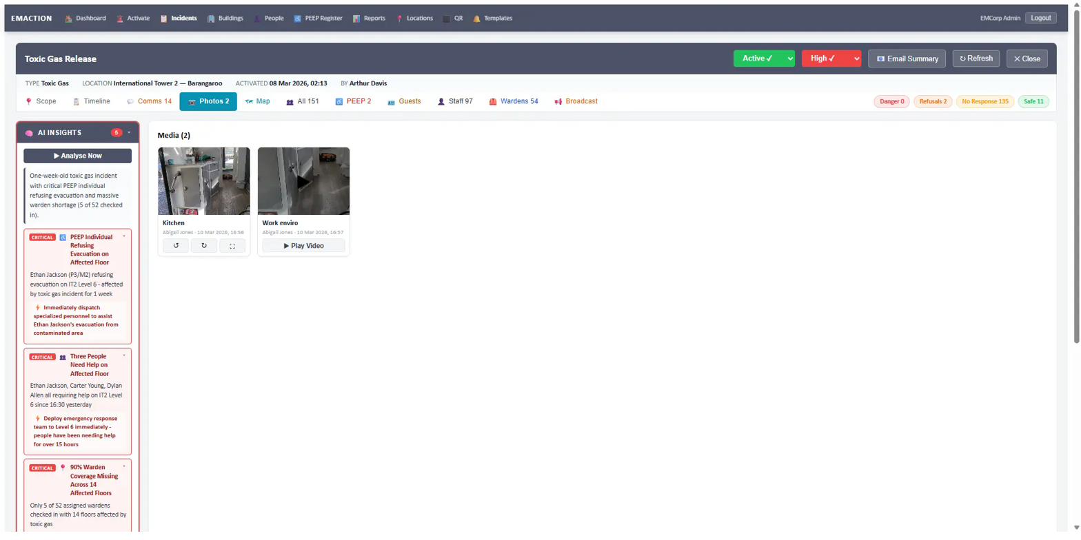 EMAction photo and video uploads attached to an incident timeline
