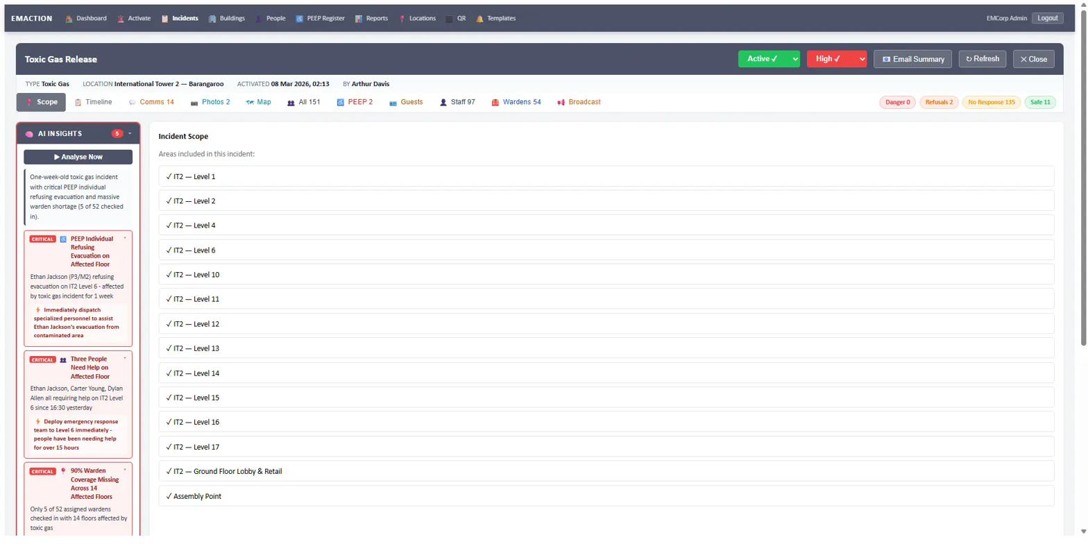 EMAction area status dashboard with per-location progress bars and warden coverage